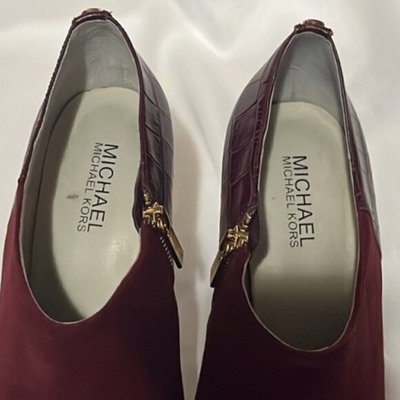 Michael Kors Sammy Ankle Boot Merlot Suede Embossed Leather Heeled Bootie Size 8 - Picture 9 of 11